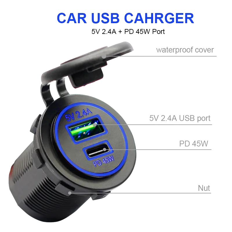 Usb A Dual Port Car Charger Socket Pd45w Power Outlet Adapter Type C