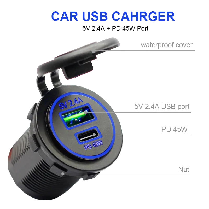 USB A Dual Port Car Charger Socket PD45W Power Outlet Adapter Type C