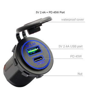 USB A Dual Port Car Charger Socket PD45W Power Outlet Adapter Type C