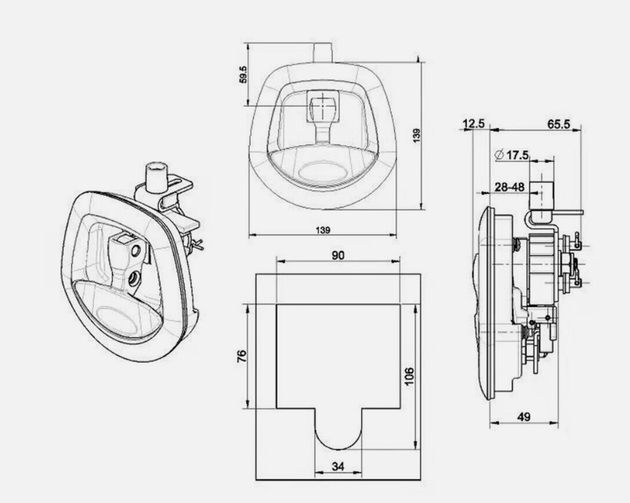 Central Locking Handle for Canopy Door (Single) 12V