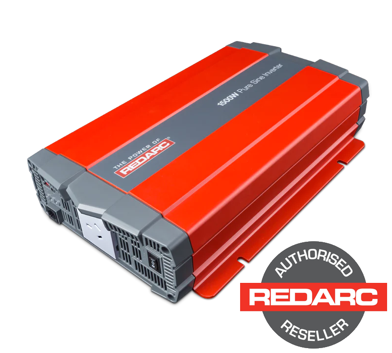Photo of the Redarc 12V 1500W Inverter (Model R-12-1500RS) with a compact and rugged design, LED display for easy monitoring, and mounting feet for easy installation. | perth pro auto electric parts | authorised redarc reseller