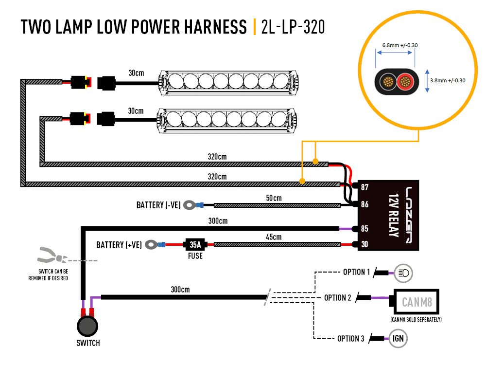 2l-lp-320 Lazerlamps Two-Lamp Harness Kit "long" (Low power, 12V) | Light Wiring perth pro auto electriuc parts