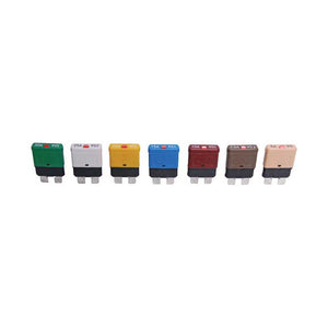 This series of blade fuses is a 2 in one, with the fuse including a circuit breaker. They are available in 5, 7.5, 10, and 20 Amps. For automotive use. 