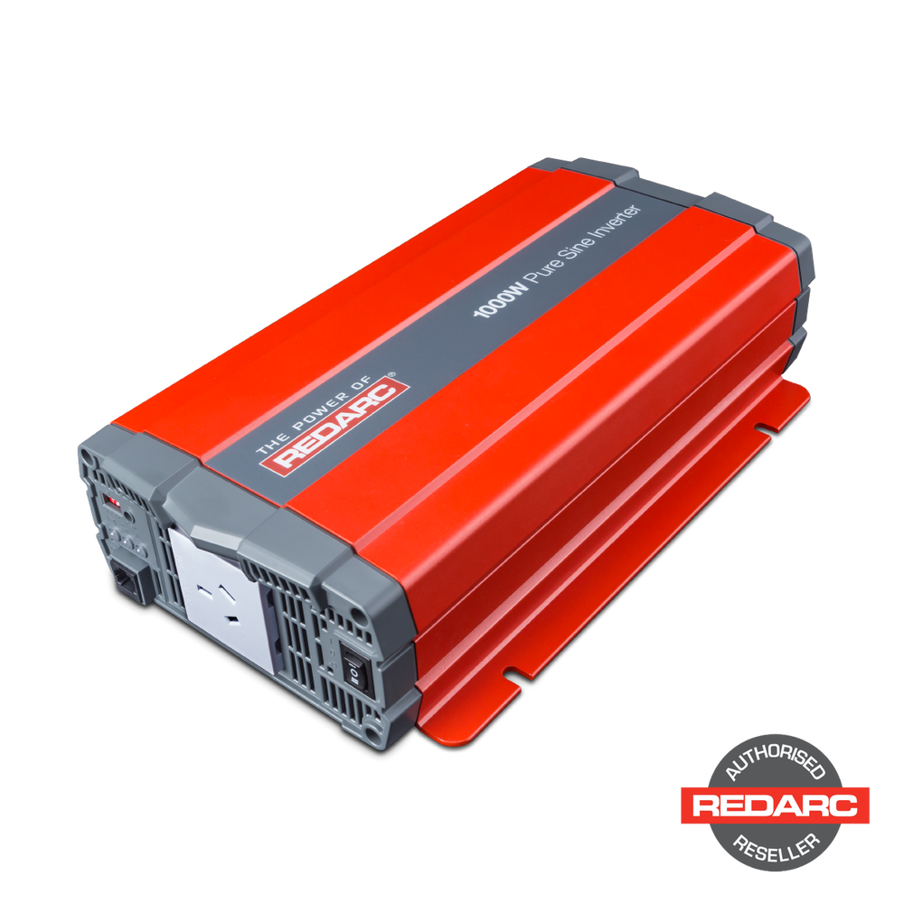 Photo of the Redarc 12V 1000W Inverter (Model R-12-1000RS) with a compact and rugged design, LED display for easy monitoring, and mounting feet for easy installation | Perth pro auto electric parts | Autorised redarc reseller