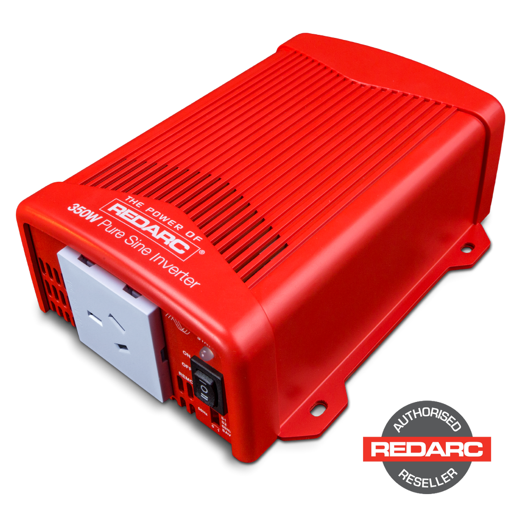 Photo of the Redarc 350W 12V Pure Sine Wave Inverter (R-12-350RS2) with compact design and mounting feet for easy installation | perth pro auto electric parts | autorised redarc reseller